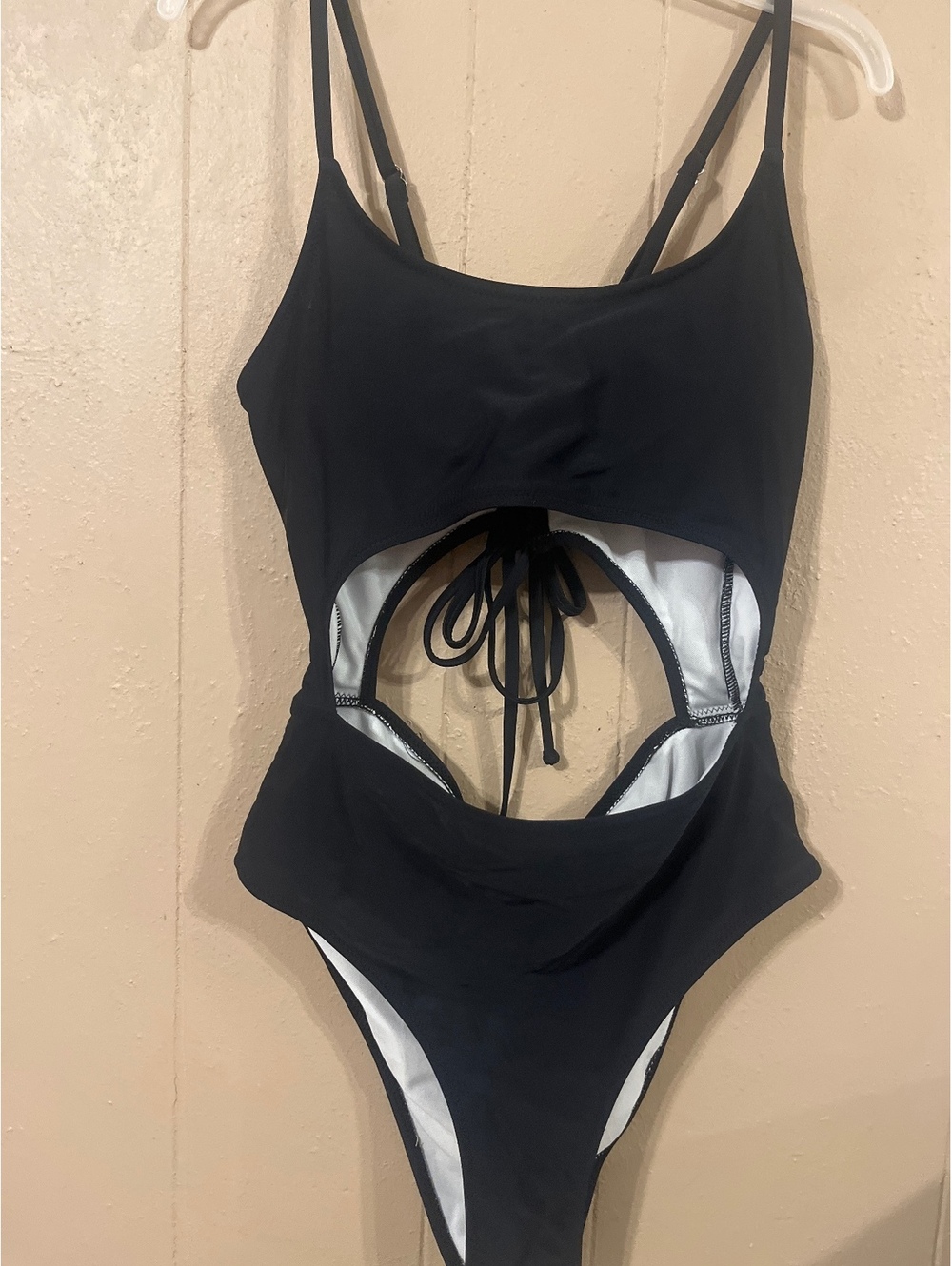 Black One-Piece Cut-Out Swimsuit with Adjustable Straps and Lace-Up Back